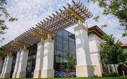 Exterior shot of the Student Recreation Center from the ground up on a sunny day