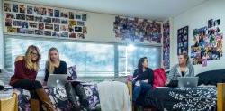 Four students sitting around a dorm room on their laptops and having conversations.