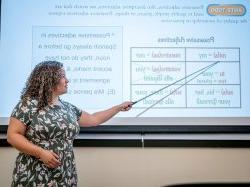 "A woman points to a screen with Spanish adjectives on it."